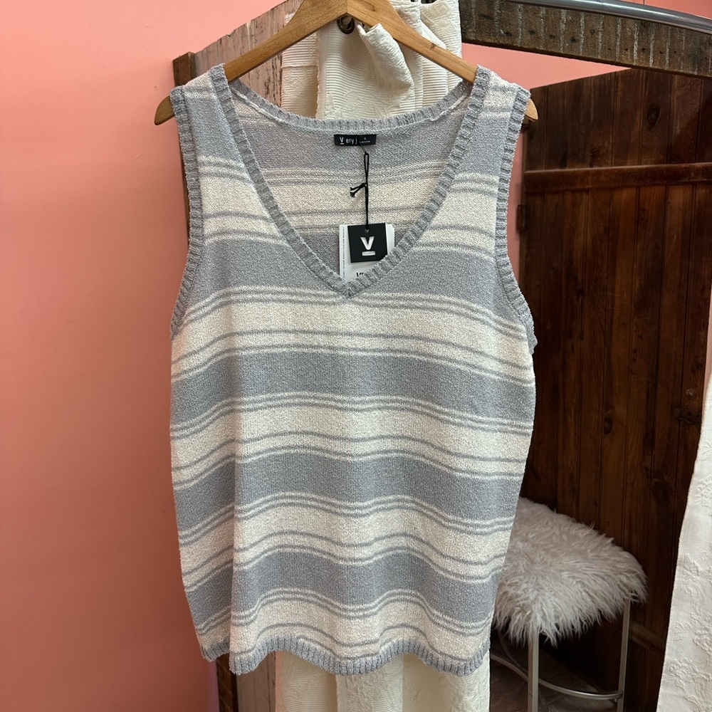 Very J Gray and Cream Striped Knit Tank Top